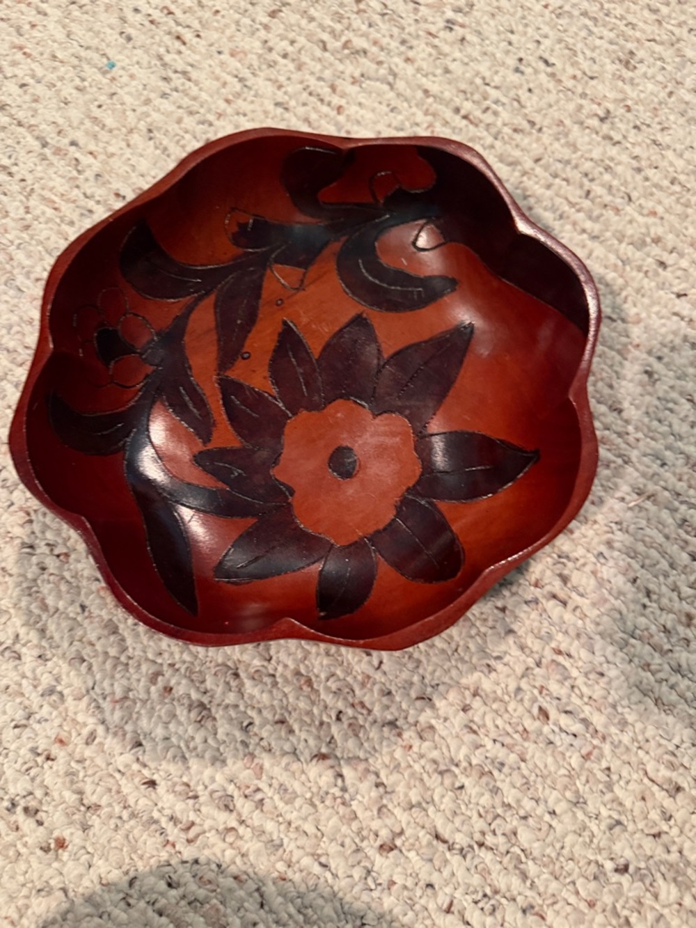 Vintage Hand Made Carved Brown Floral Bowl - Folk Art